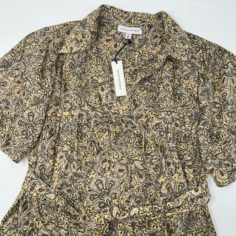 Banana‎ Republic Womens Yellow Paisley Cotton Tie Front Shirt Midi Dress XS